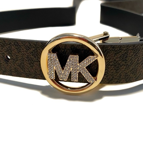 Michael Kors Accessories - MICHAEL KORS MK Logo Reversible Brown Black Gold Diamond Buckle Belt NWT
